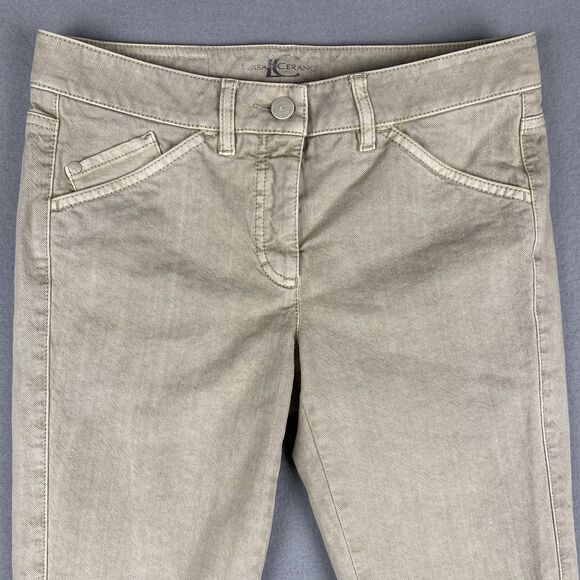 Luisa Cerano Cream Tan Denim Drop Hem Frayed Ankle Jeans Women Size 6 German - Picture 2 of 8